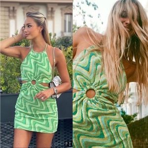 Zara Dresses Green Zara Jaquared Halter 70s Retro Mini Size XS